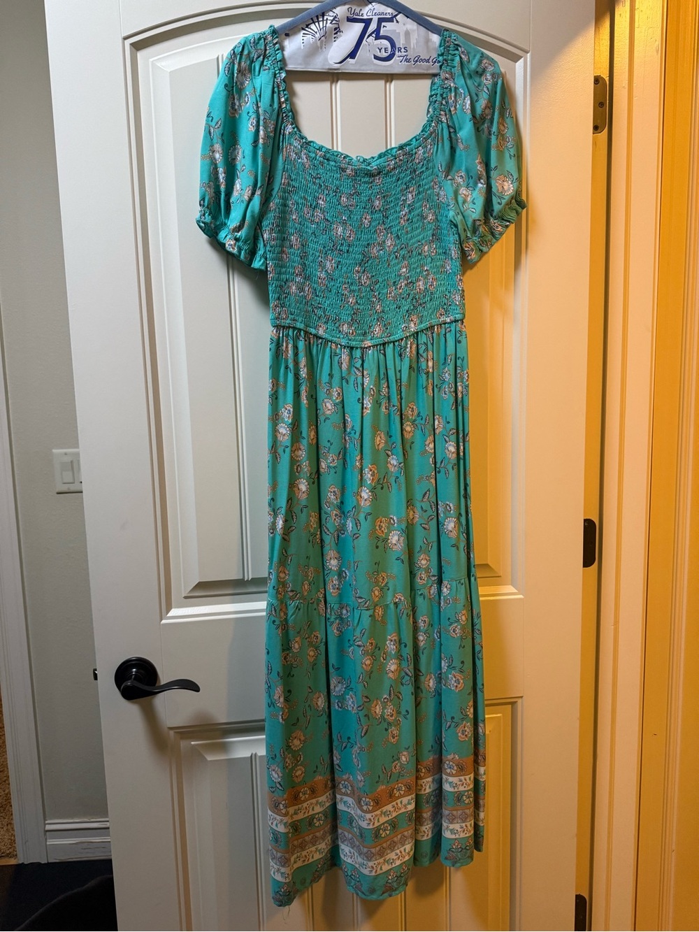 Turquoise Floral Smocked Maxi Dress with Puff Sleeves